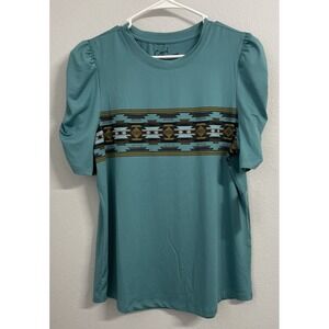 Cruel Denim Ladies Teal Ruffle Sleeve‎ Aztec Print Short Sleeve T-Shirt XXL